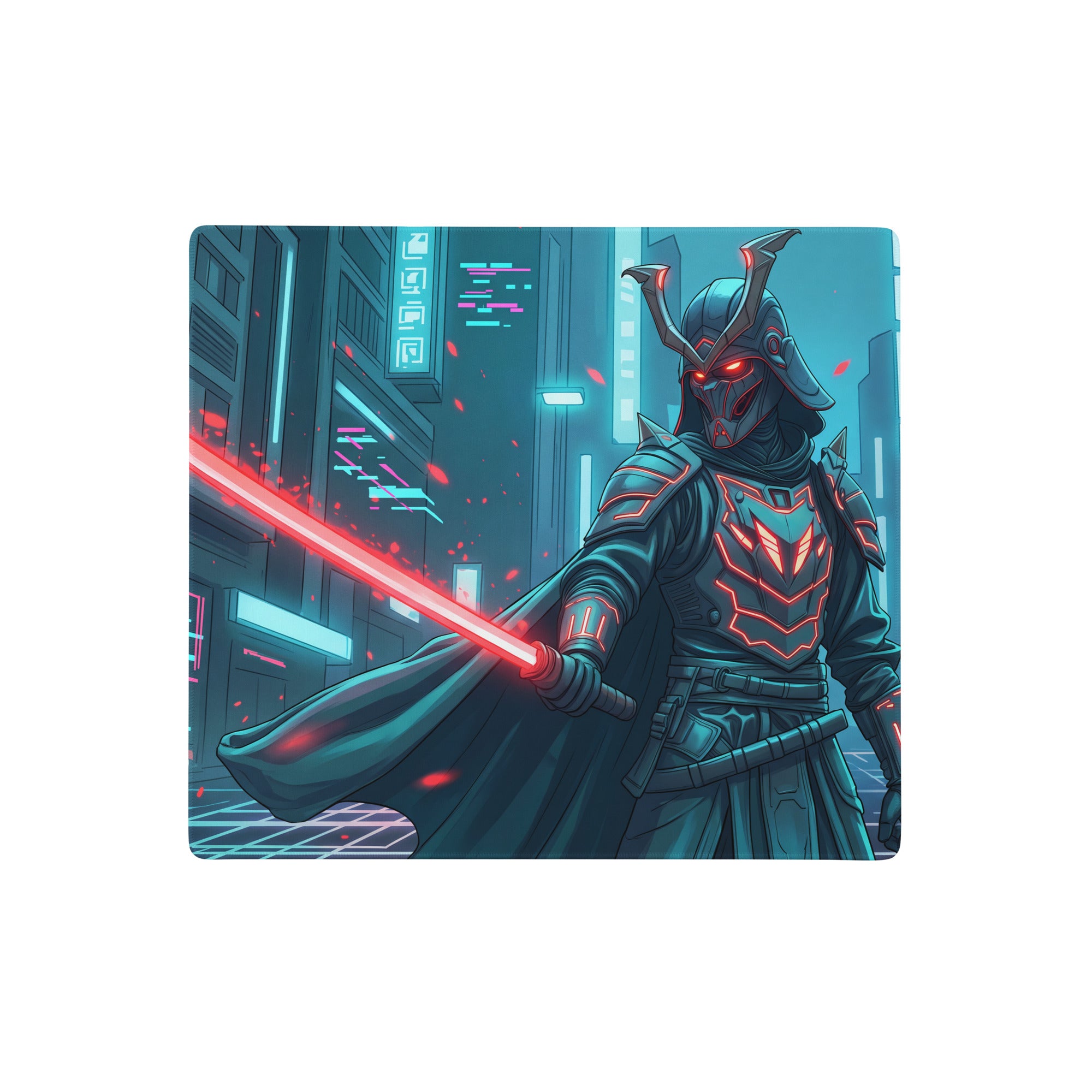 Neon samurai vaporwave mouse pad with nebula theme featuring a futuristic samurai in dark armor with red neon lightsaber