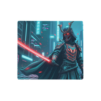 Neon samurai vaporwave mouse pad with nebula theme featuring a futuristic samurai in dark armor with red neon lightsaber