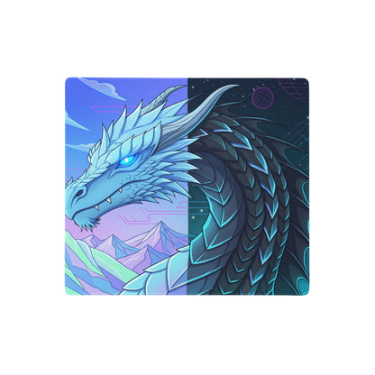 Neon dragon vaporwave rectangular gaming mousepad with icy blue dragon and pastel mountain cosmic split design