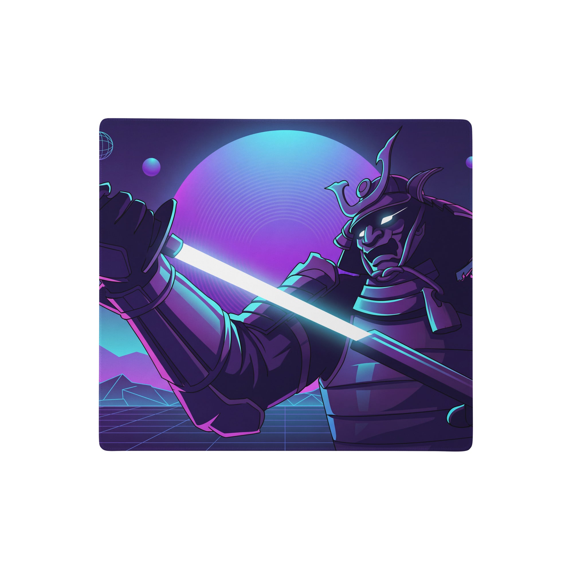 Neon knight vaporwave mouse pad with ninja-themed glowing sword design on a purple blue gradient desktop surface