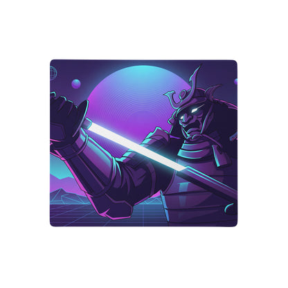 Neon knight vaporwave mouse pad with ninja-themed glowing sword design on a purple blue gradient desktop surface