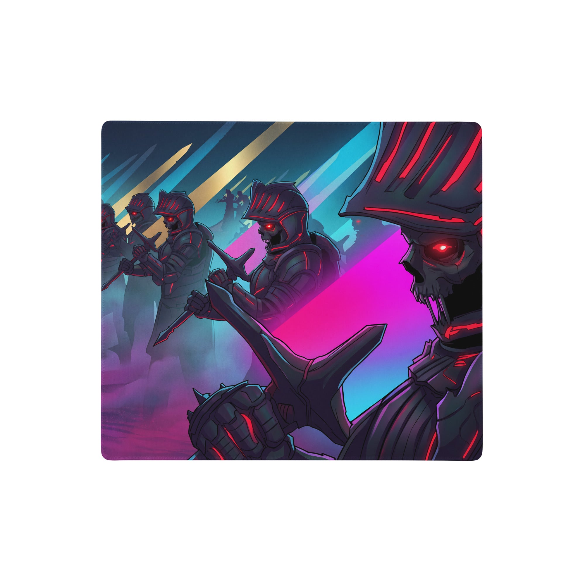 A rectangular gaming mousepad with vibrant armored skeletal warriors and neon pink blue purple cyberpunk lighting design
