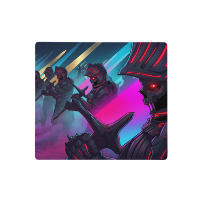 A rectangular gaming mousepad with vibrant armored skeletal warriors and neon pink blue purple cyberpunk lighting design