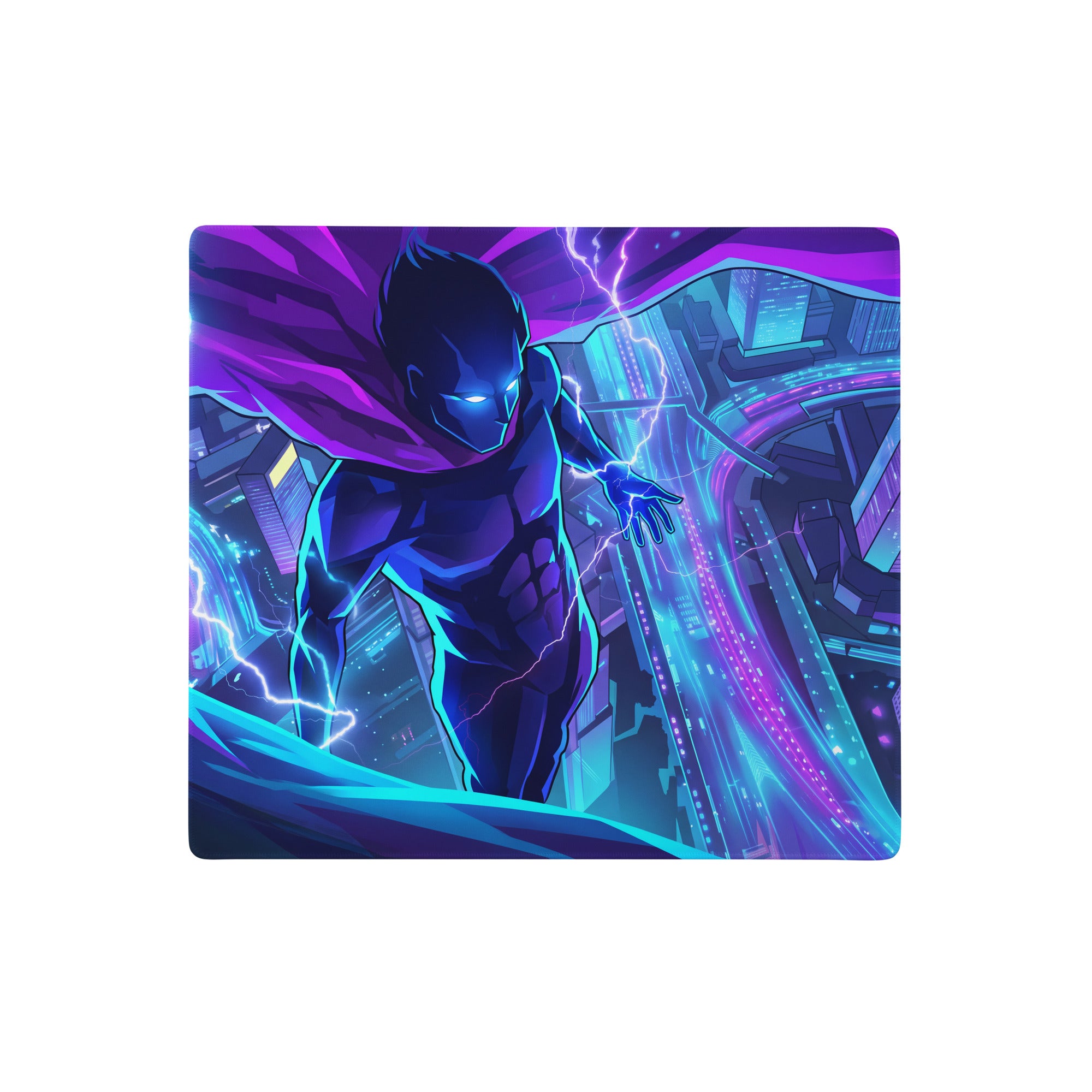 Neon vaporwave city hero mouse pad with nebula theme featuring a glowing blue purple armored superhero on a futuristic cityscape