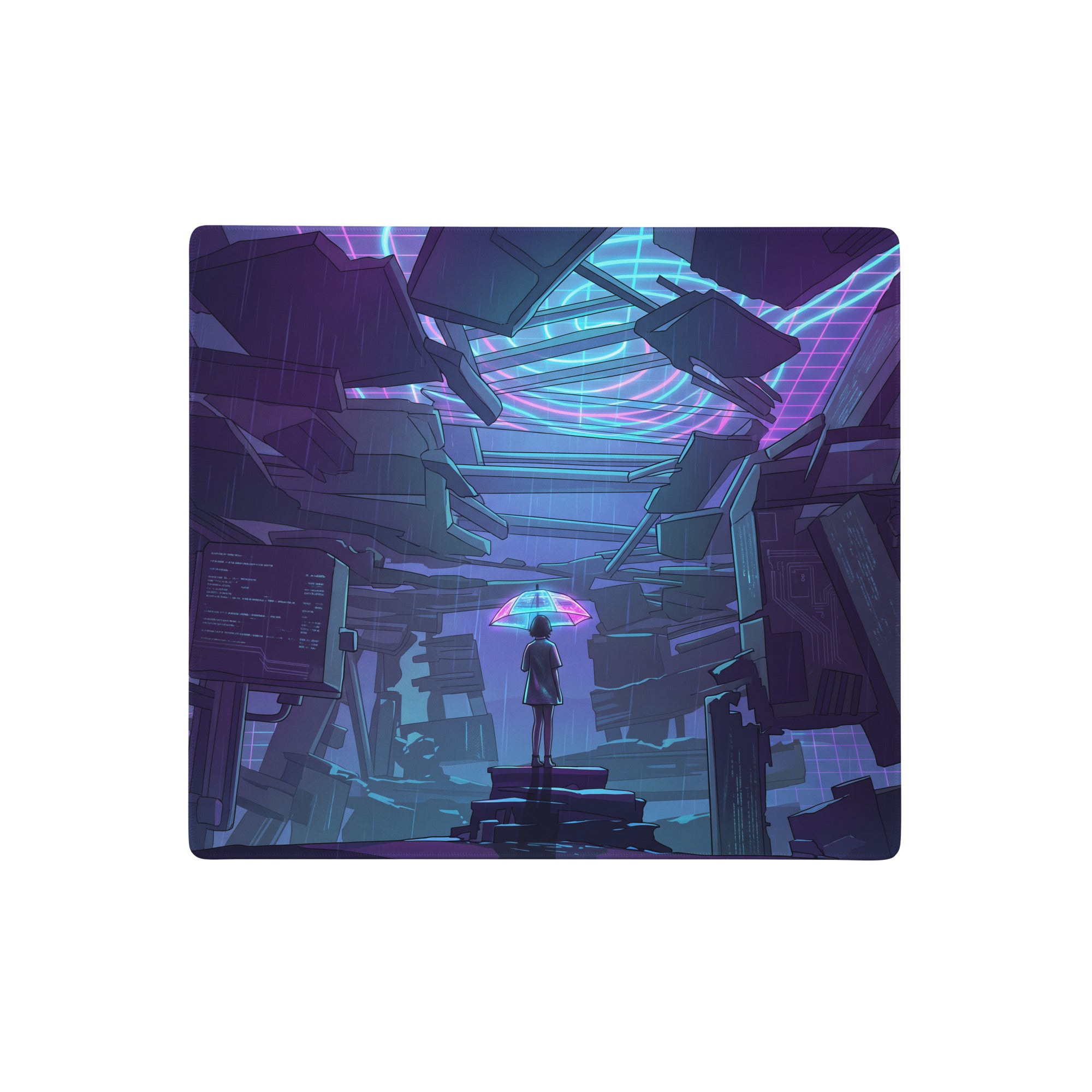 Neon vaporwave mouse pad with nebula theme featuring a lone figure holding a glowing umbrella under purple neon lights