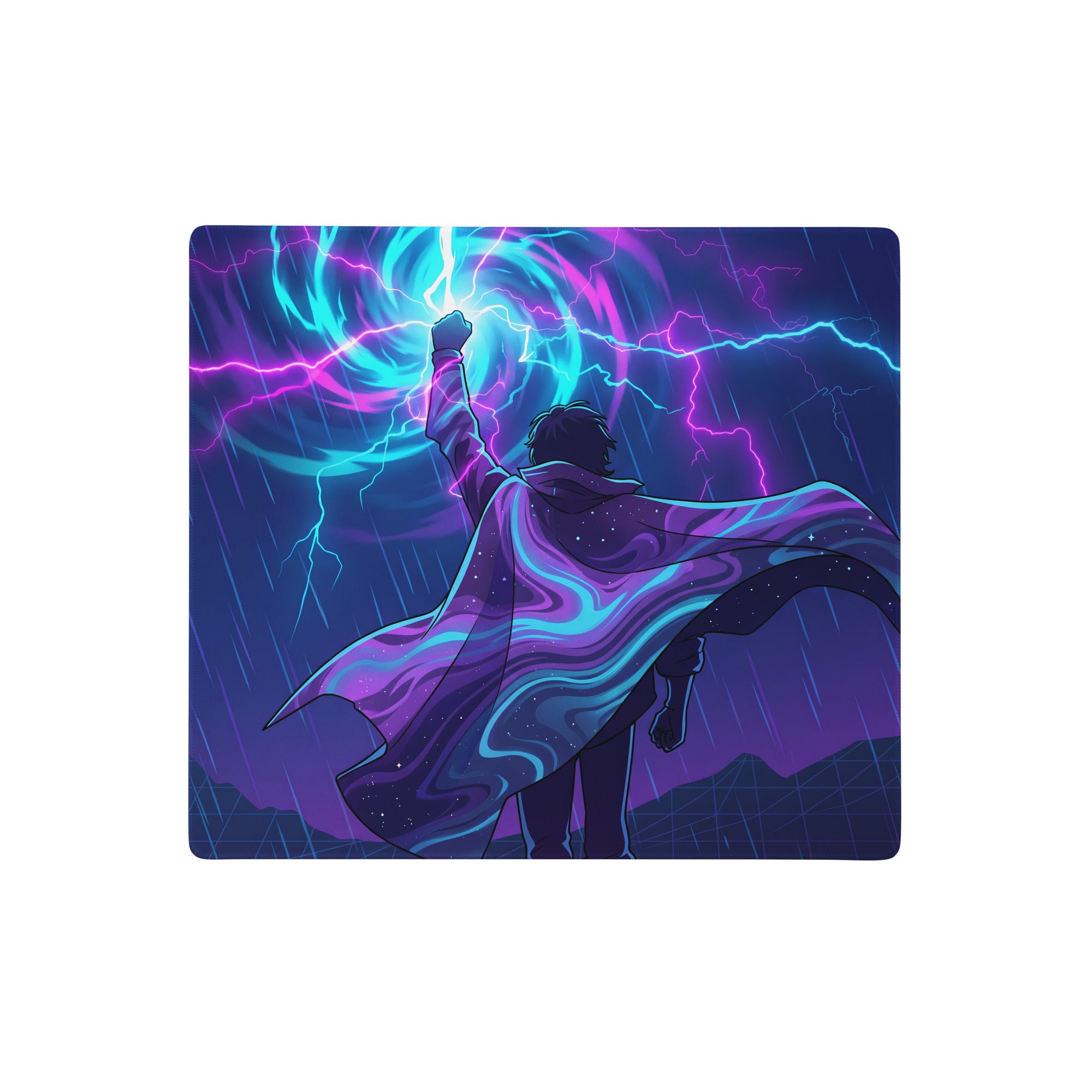 Vaporwave neon desk mat gaming mousepad with vibrant purple and blue lightning design and superhero figure in flowing cape