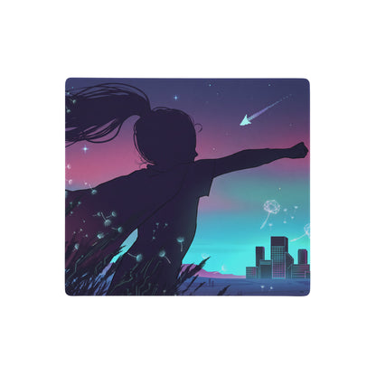 Vaporwave nightfall mouse pad with a square shape featuring a child silhouette against a purple to teal gradient sky