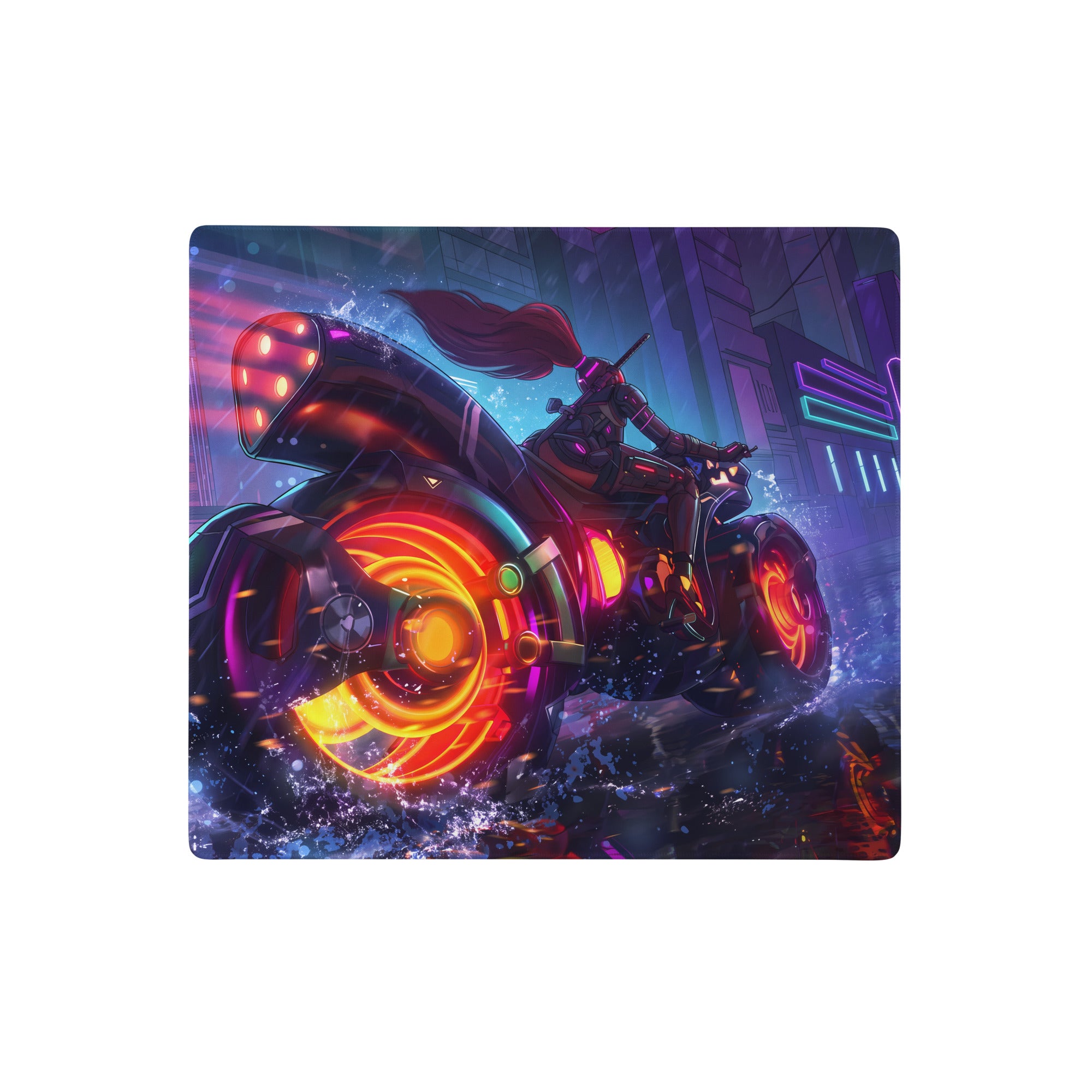 Neon vaporwave gaming mouse pad featuring a neon-lit futuristic motorcycle with glowing orange and red wheels design
