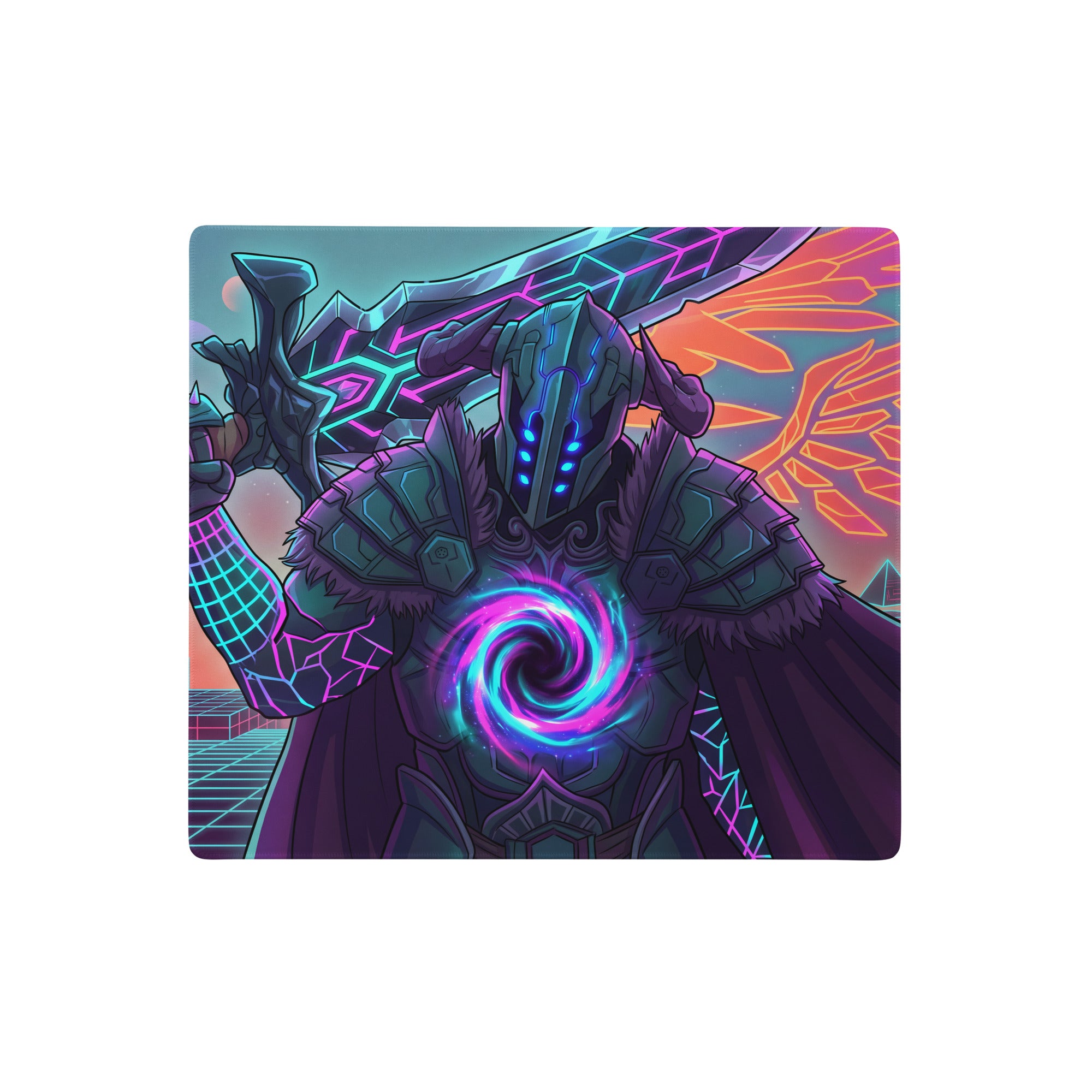 Neon dragon vaporwave mouse pad featuring a neon-pink and cyan glowing cyberpunk warrior with swirling energy core