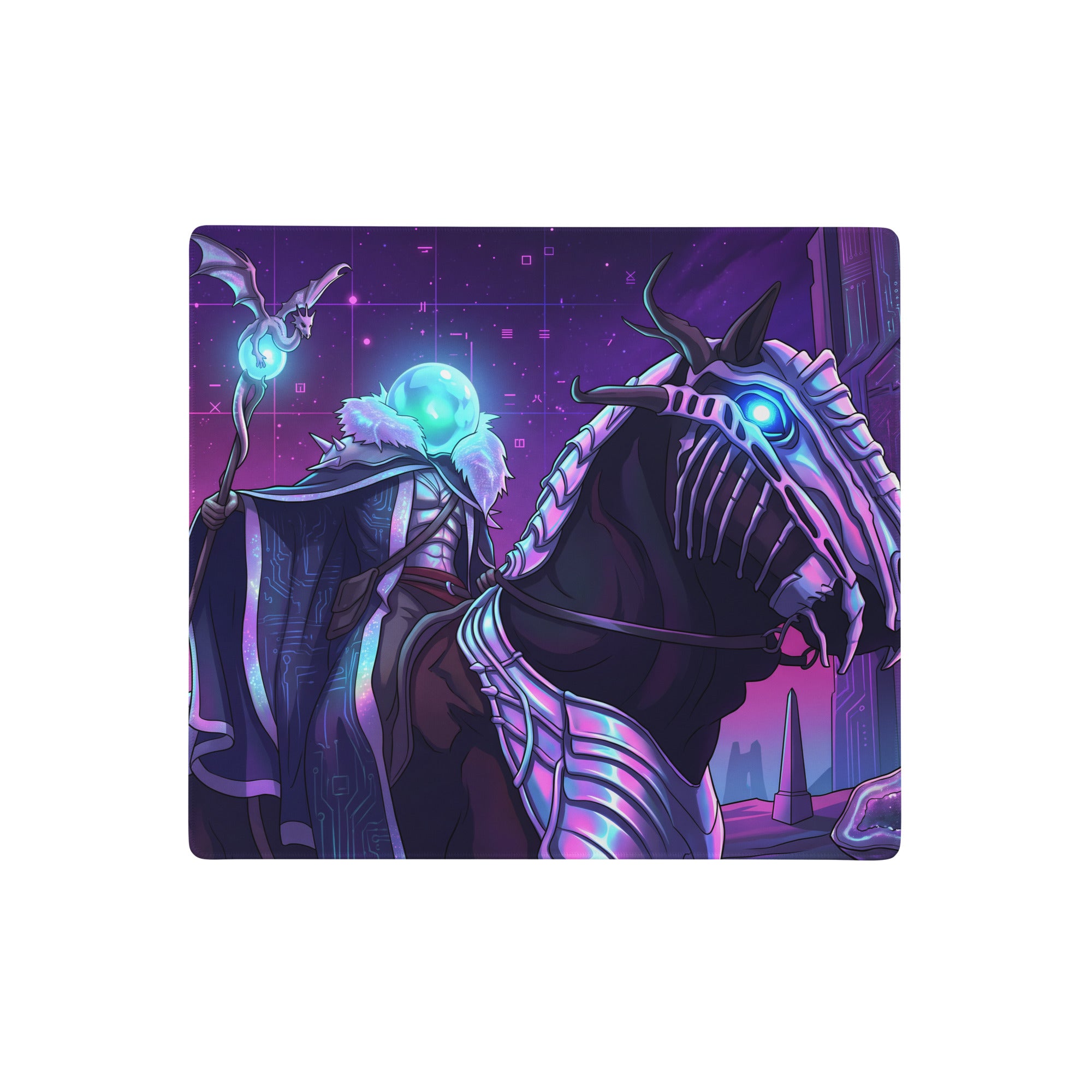 Neon vaporwave dragon mouse pad with purple and blue neon fantasy wizard riding a glowing skeletal horse design