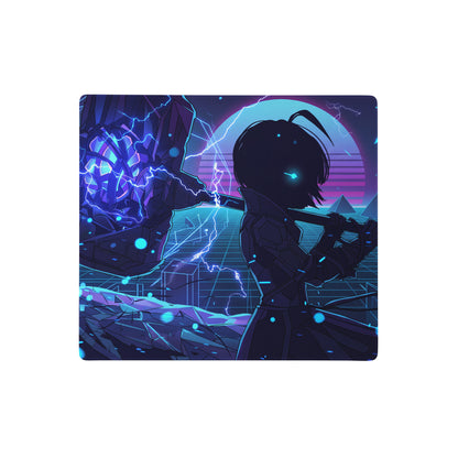 Neon vaporwave large gaming mouse pad in blue and purple with nebula anime character wielding a glowing lightning weapon