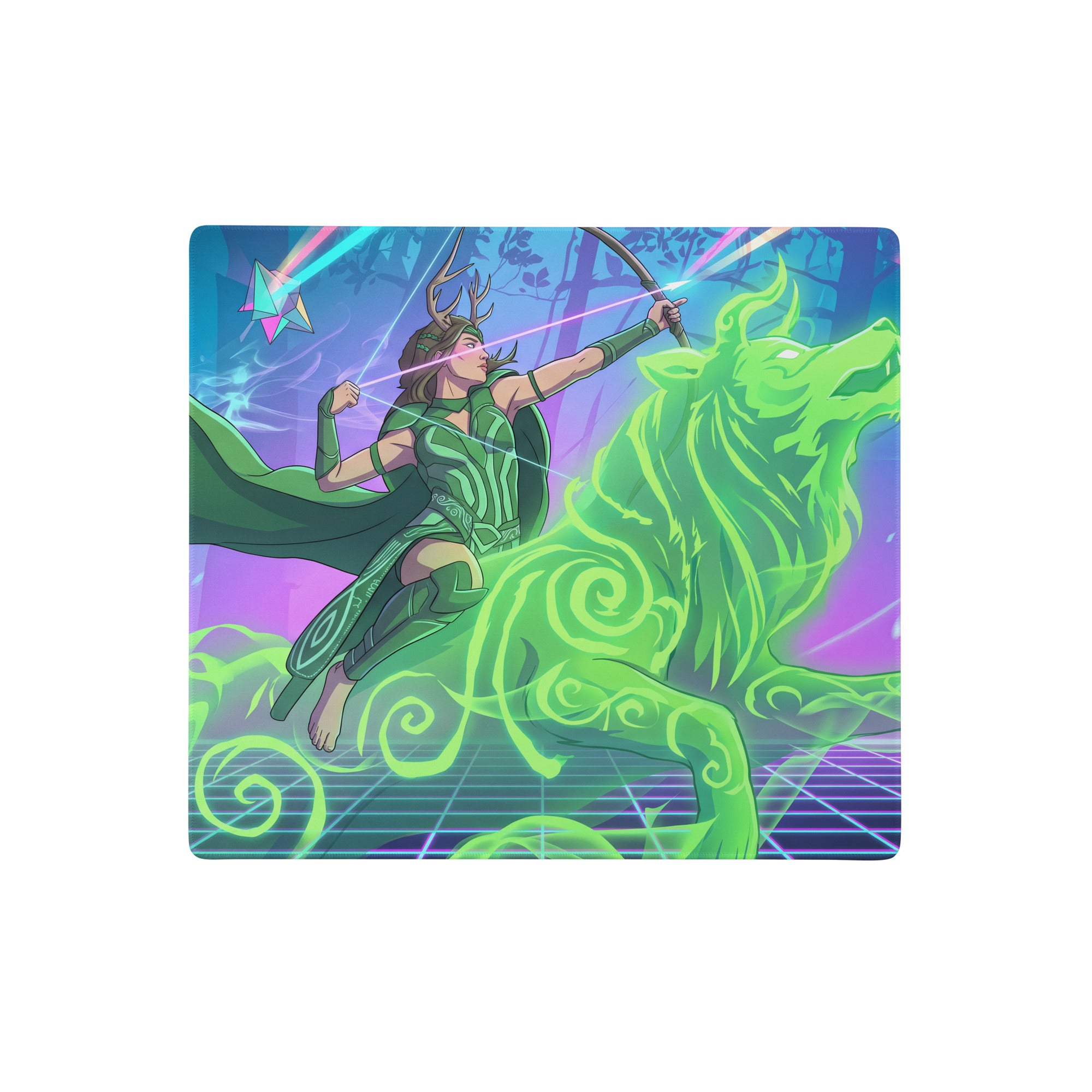 Vibrant green and purple vaporwave archer gaming mousepad featuring a fantasy archer on a glowing stag digital art design