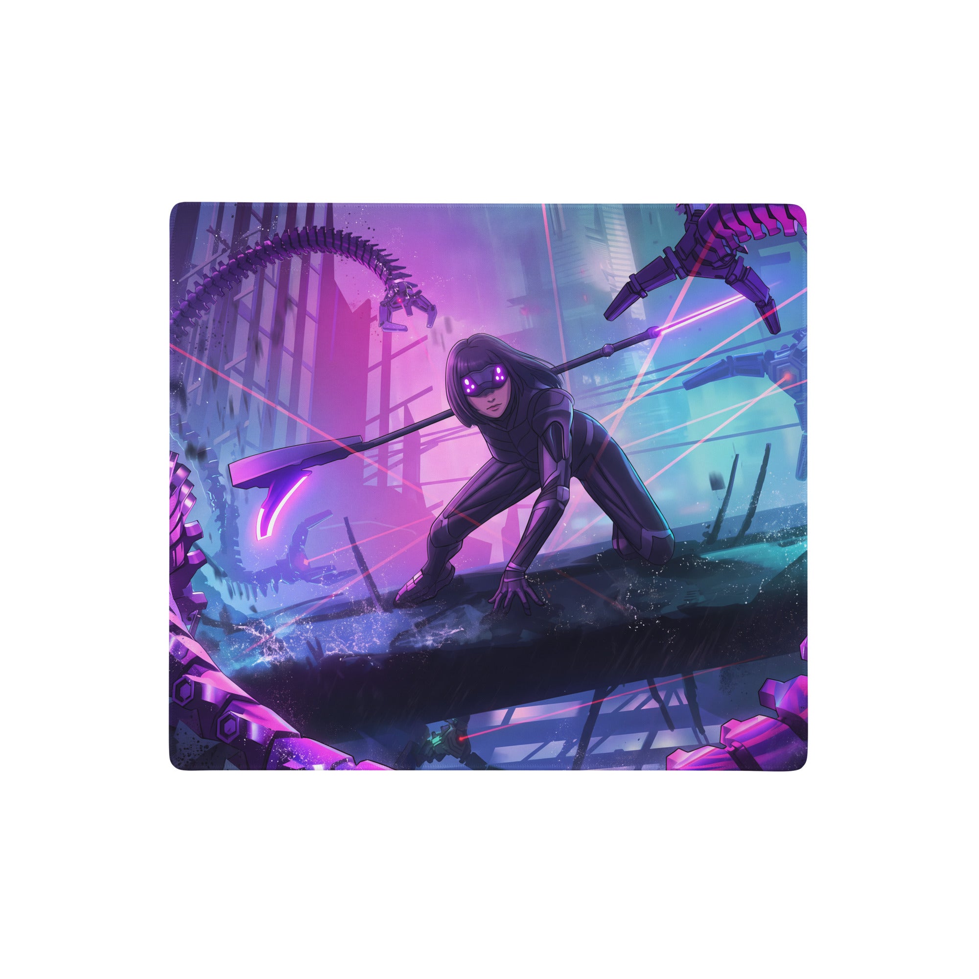 Purple and black vaporwave neon night gaming mouse pad with illuminated character and futuristic cyberpunk design