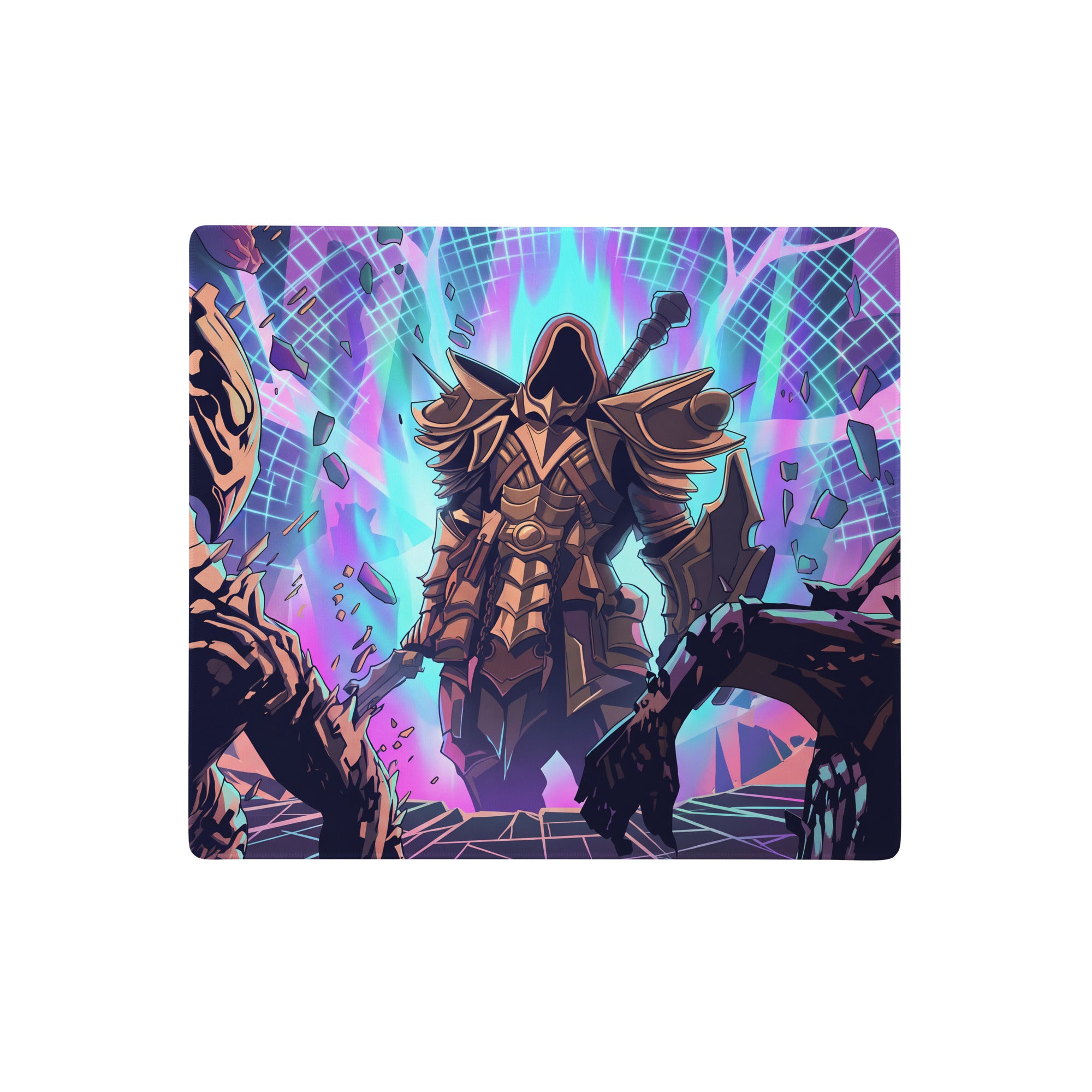 Vaporwave neon battle armor rectangular mouse pad with golden armored warrior on glowing purple and cyan background