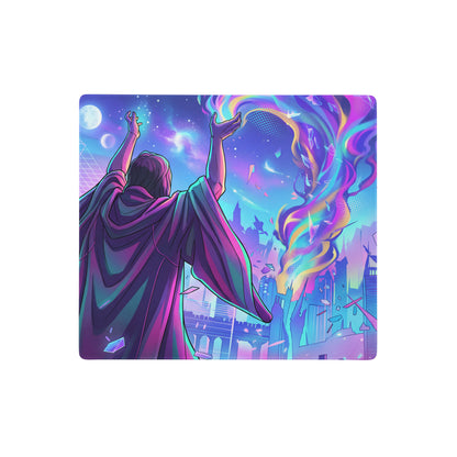 Neon vaporwave gaming mouse pad with vibrant neon purple and cyan design featuring a cosmic figure over a futuristic cityscape