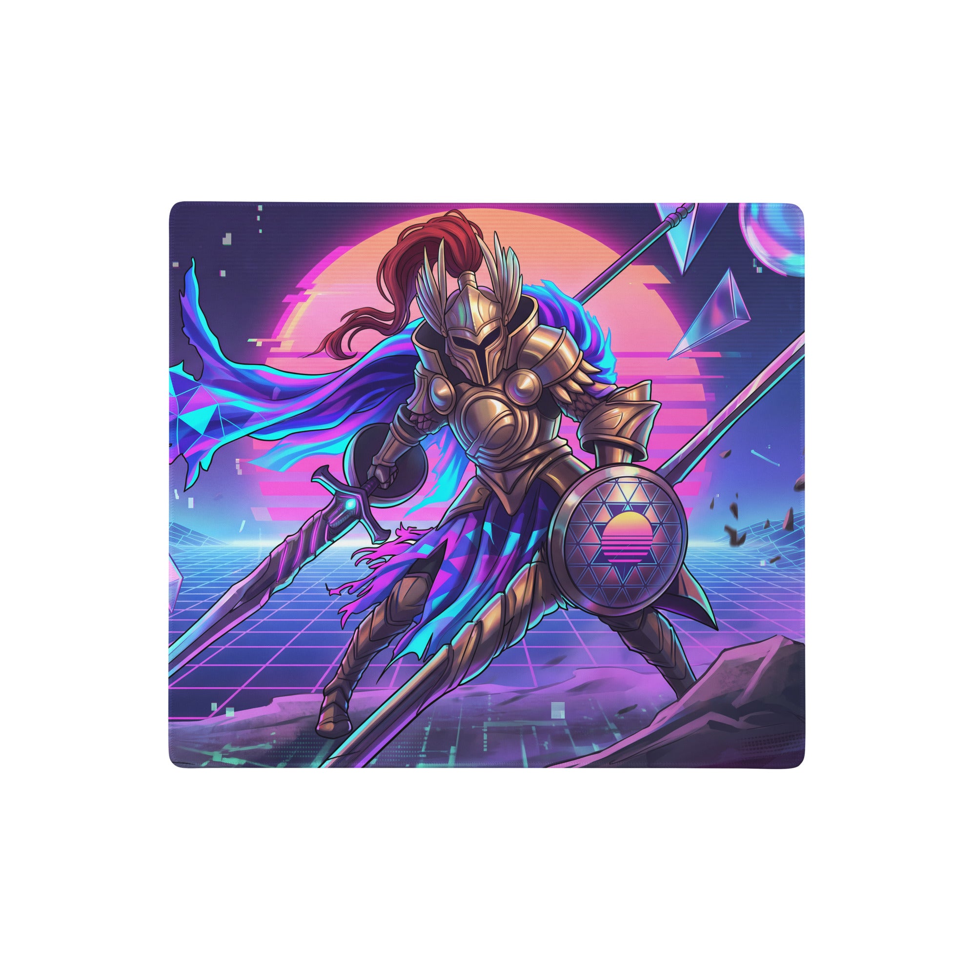 Vaporwave knight mouse pad with neon purple pink gradients metallic gold armor and glowing geometric sun motif for gaming