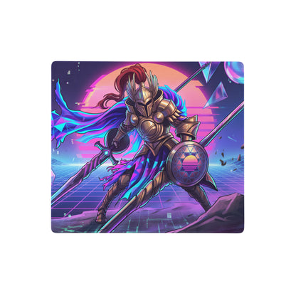 Vaporwave knight mouse pad with neon purple pink gradients metallic gold armor and glowing geometric sun motif for gaming