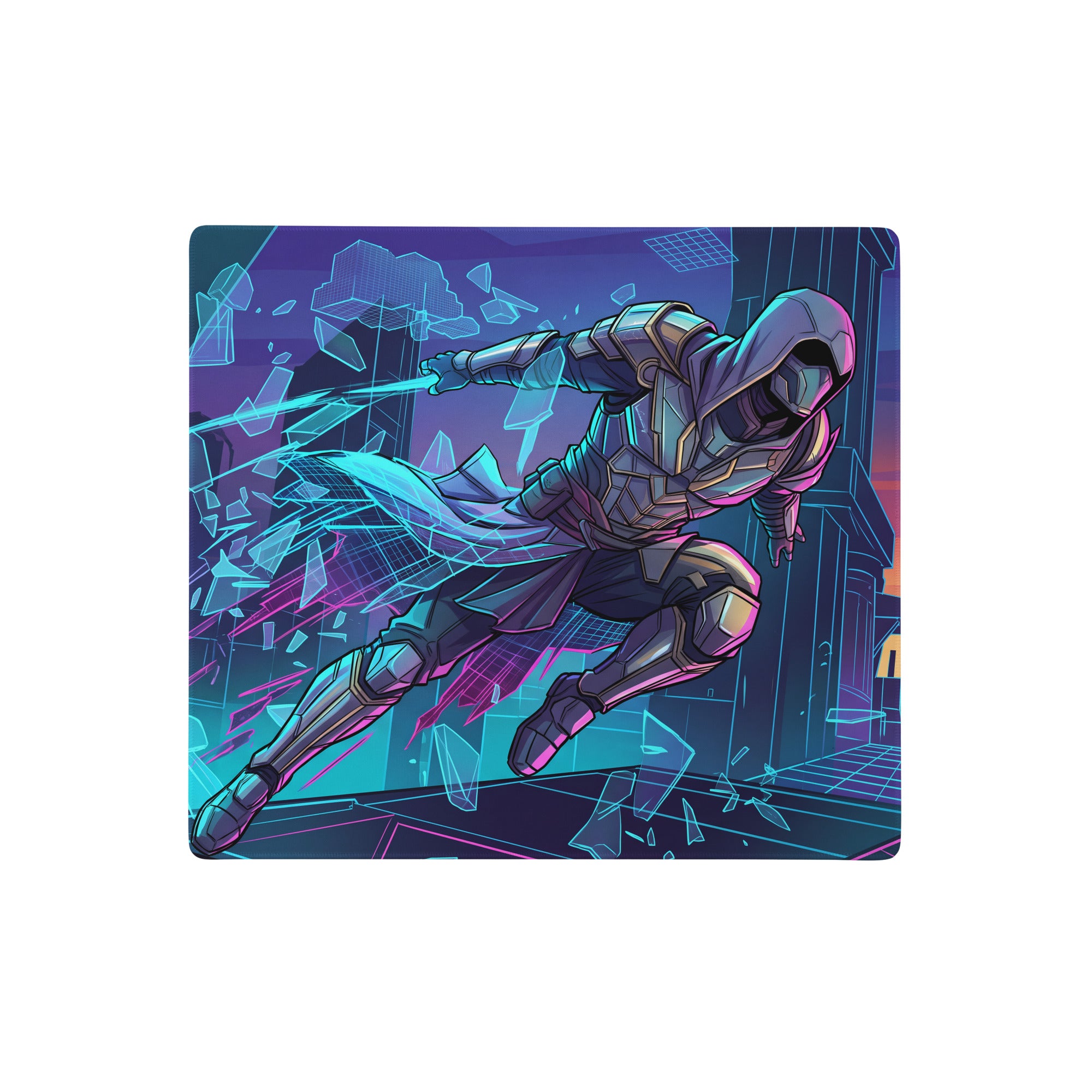 Neon vaporwave gamer pad featuring a nebula-themed mousepad with a futuristic warrior in metallic armor and shattered cityscape