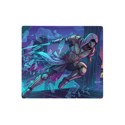 Neon vaporwave gamer pad featuring a nebula-themed mousepad with a futuristic warrior in metallic armor and shattered cityscape