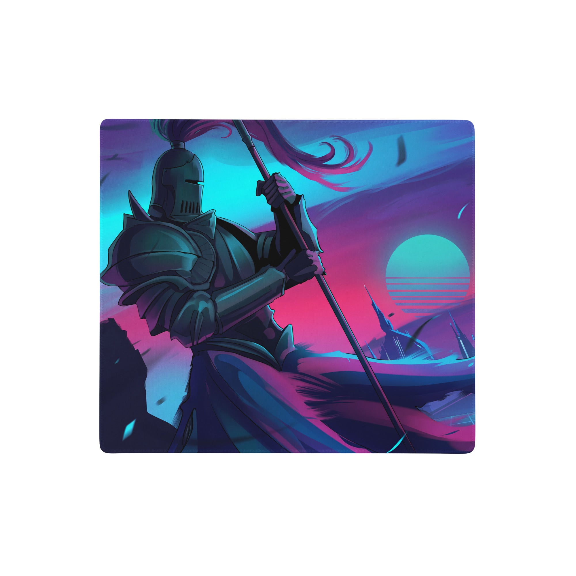 Neon knight vaporwave mouse pad featuring a nineteenth-century knight in dark metallic armor against a neon sunset
