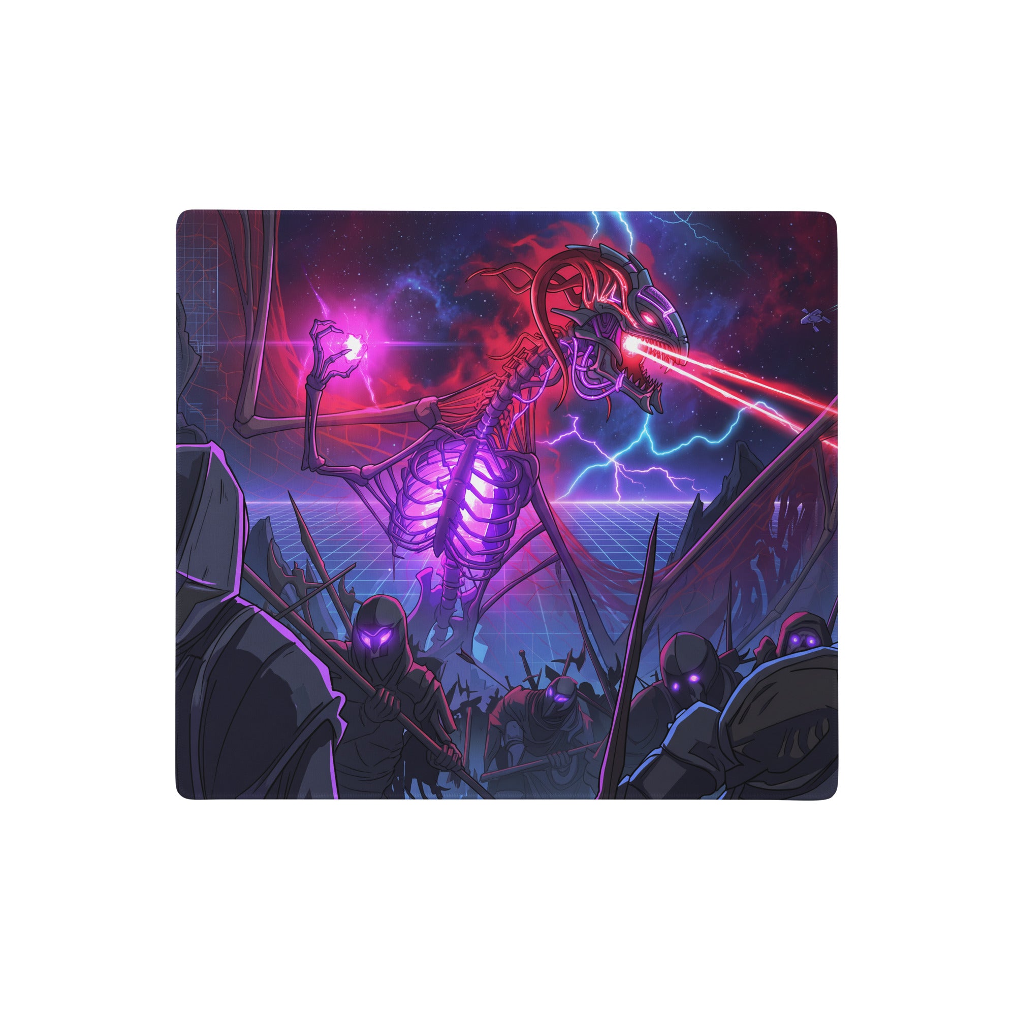 Rectangular gaming mousepad with a vibrant neon purple pink anime-style skeletal dragon and cosmic lightning design