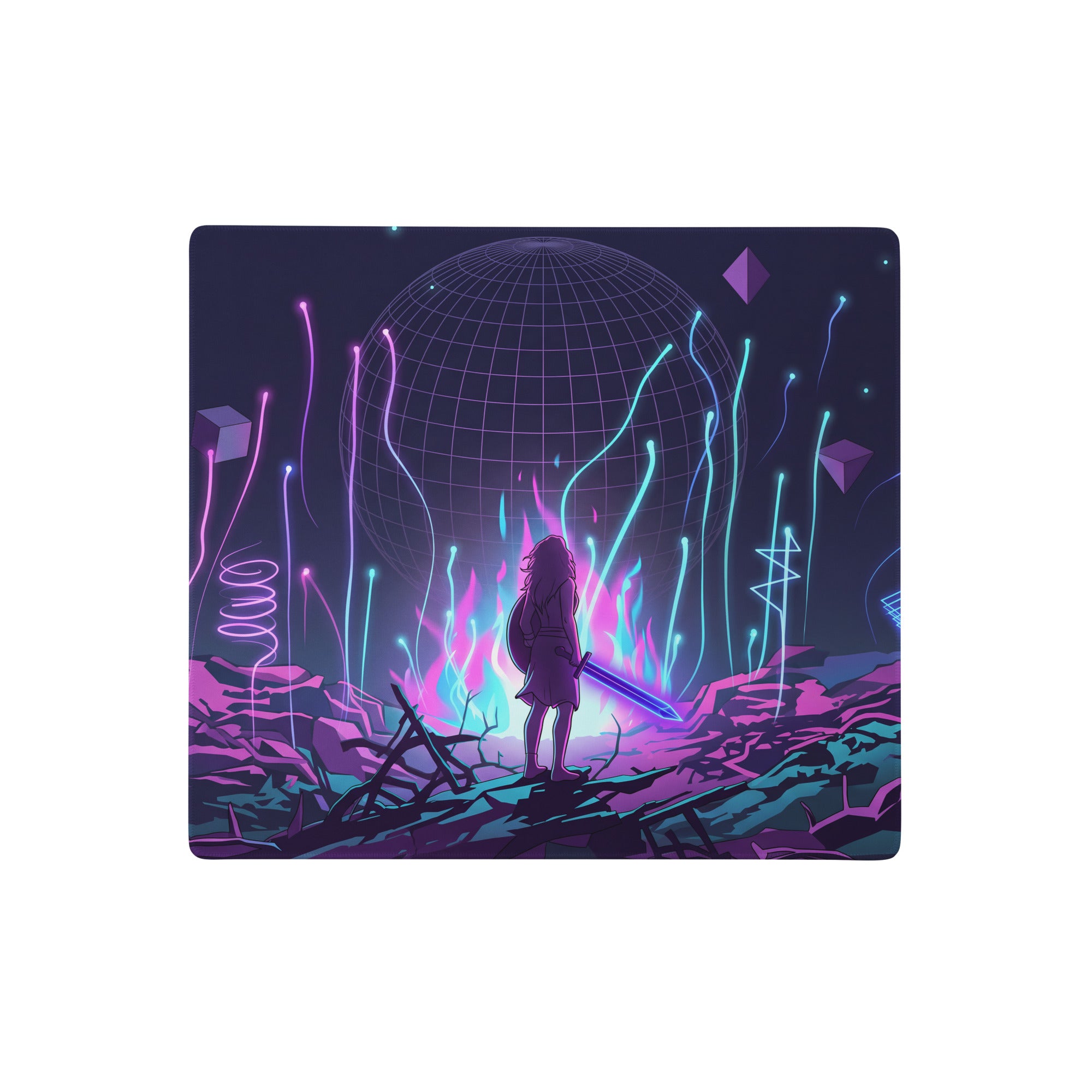 Neon vaporwave mouse pad with neon pink and cyan glowing digital art featuring a warrior silhouette and grid sphere design