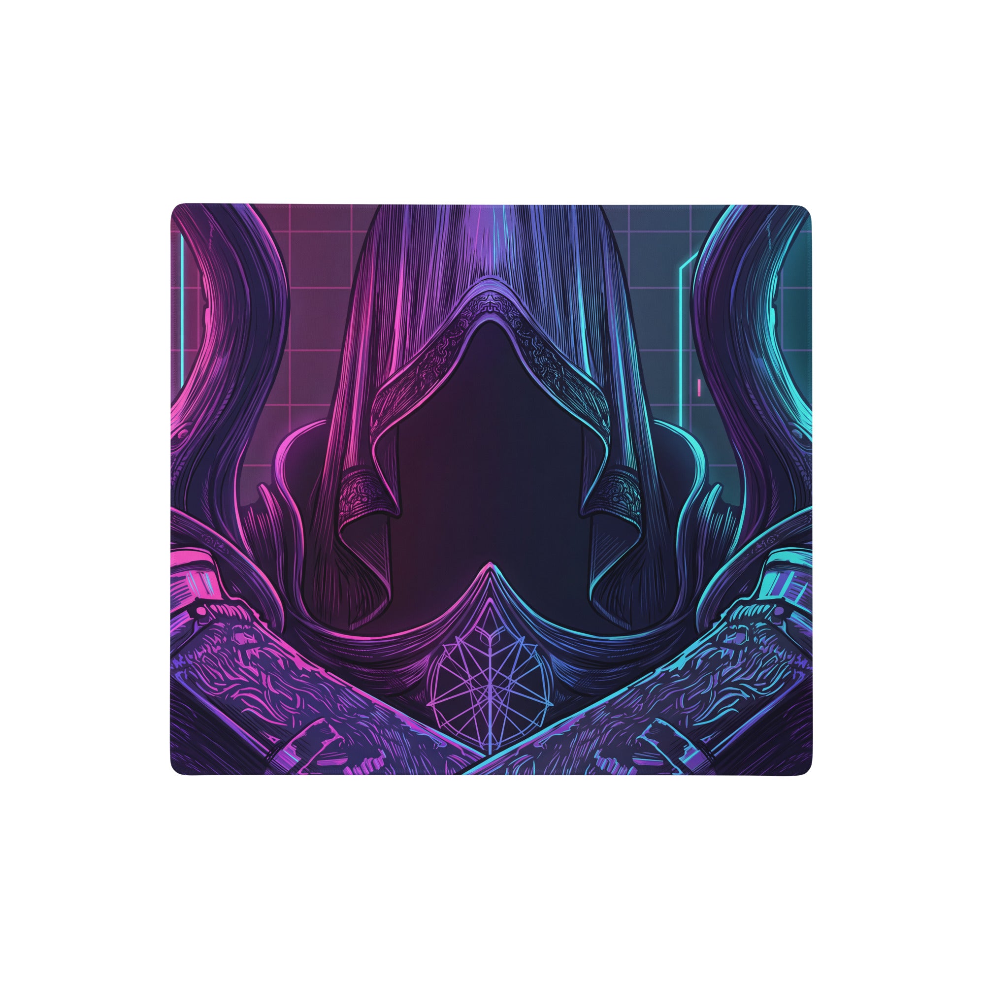 Vaporwave neon pink and cyan gaming mouse pad featuring a hooded figure with geometric designs for desktop setup