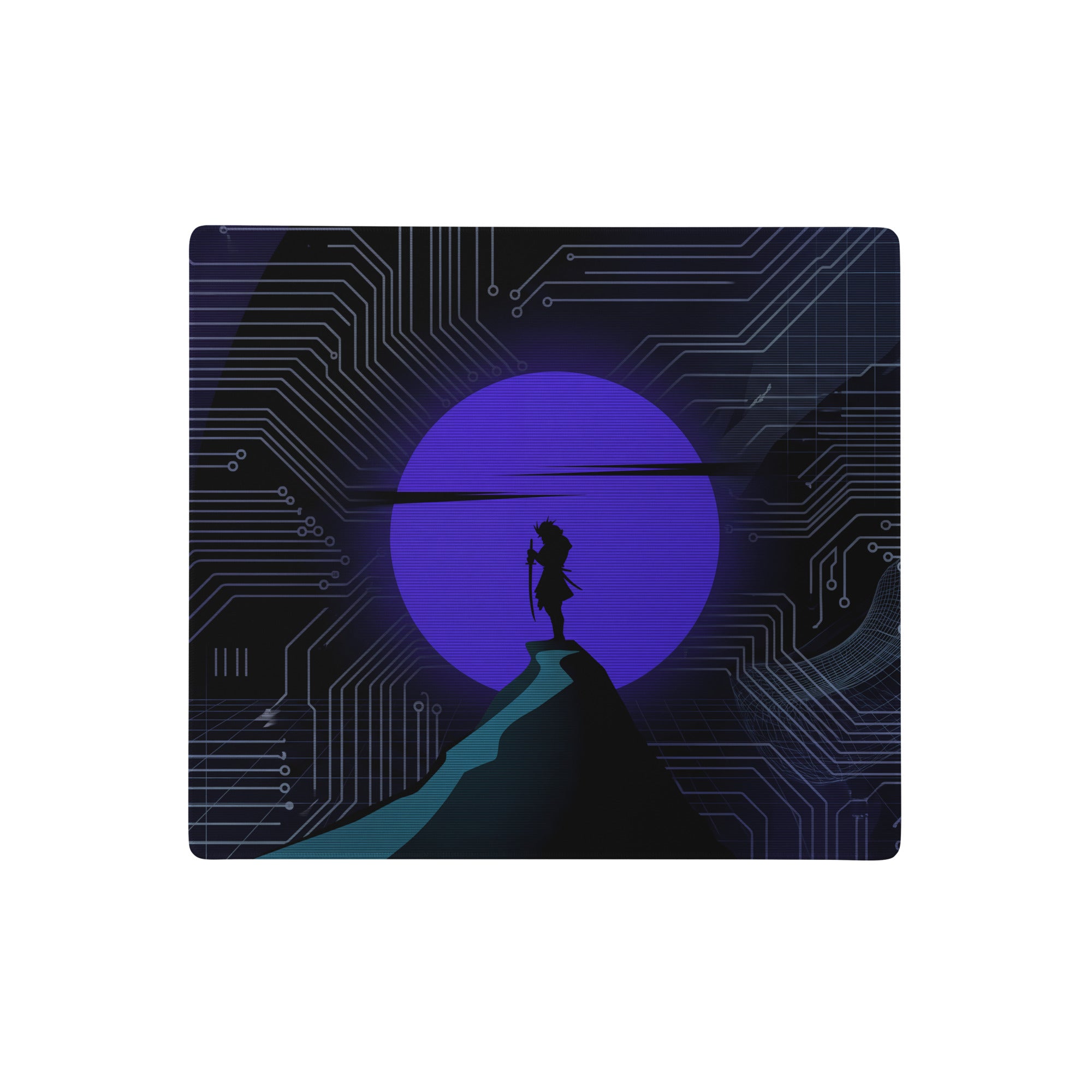 Purple circuit board-themed mousepad with silhouette on cliff and glowing orb for vaporwave neon gaming setup