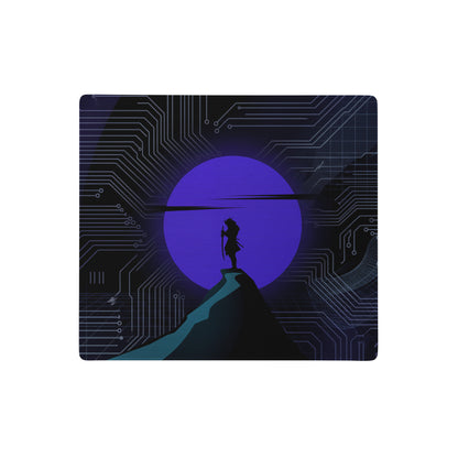 Purple circuit board-themed mousepad with silhouette on cliff and glowing orb for vaporwave neon gaming setup