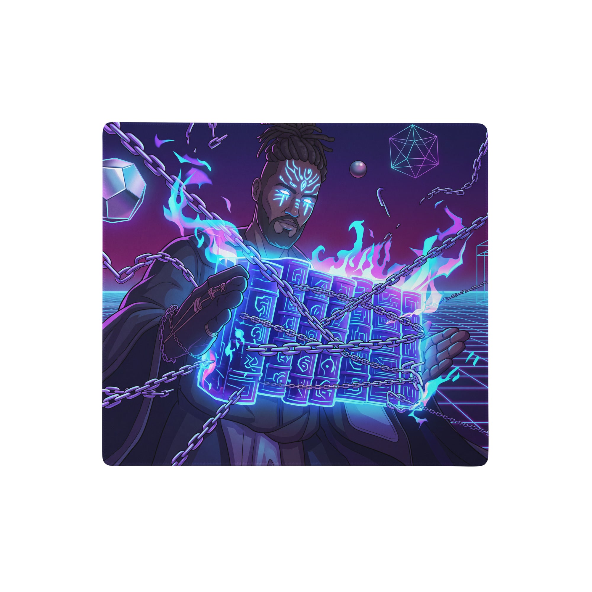 Neon vaporwave warrior gaming mouse pad with nebula theme and glowing blue purple chains on purple blue neon background