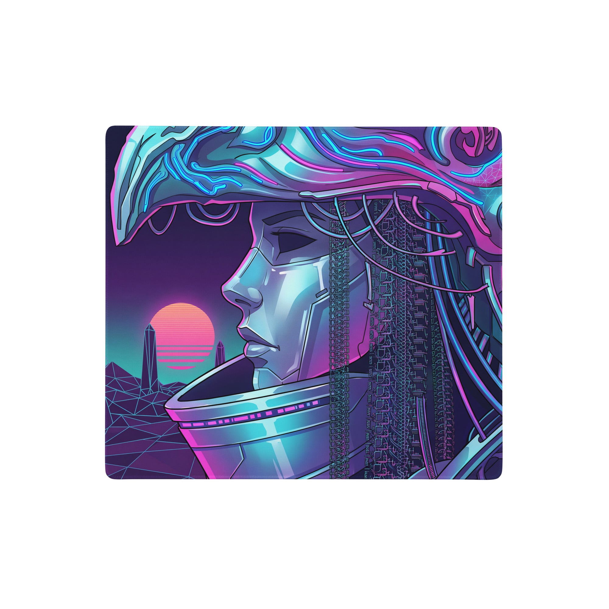 Neon vaporwave cyberpunk mouse pad featuring a futuristic woman in metallic armor with glowing blue and pink circuitry accents