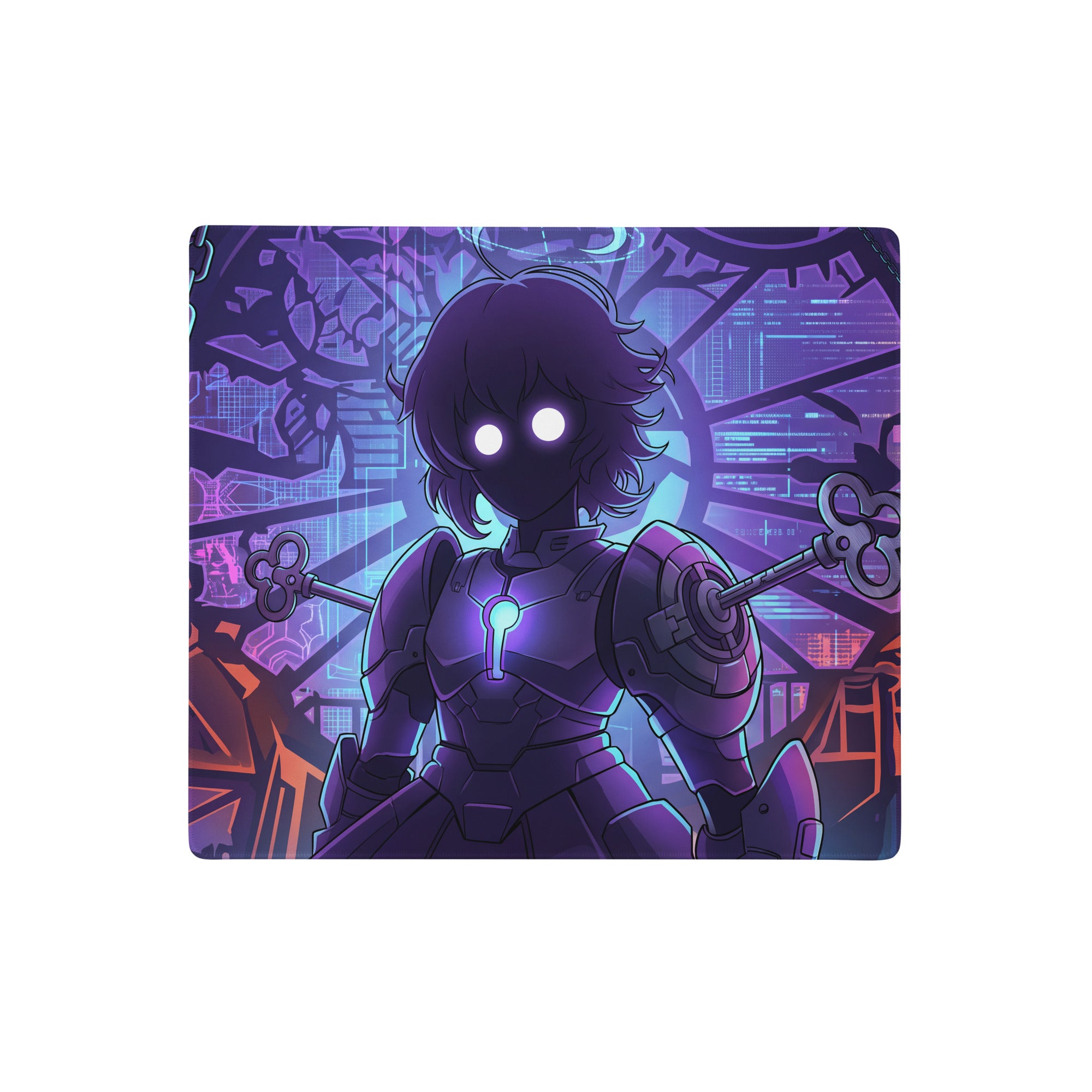 Purple and blue vaporwave neon hero mouse pad featuring armored character holding keys for cyberpunk gaming setup
