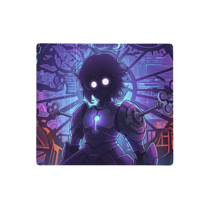 Purple and blue vaporwave neon hero mouse pad featuring armored character holding keys for cyberpunk gaming setup