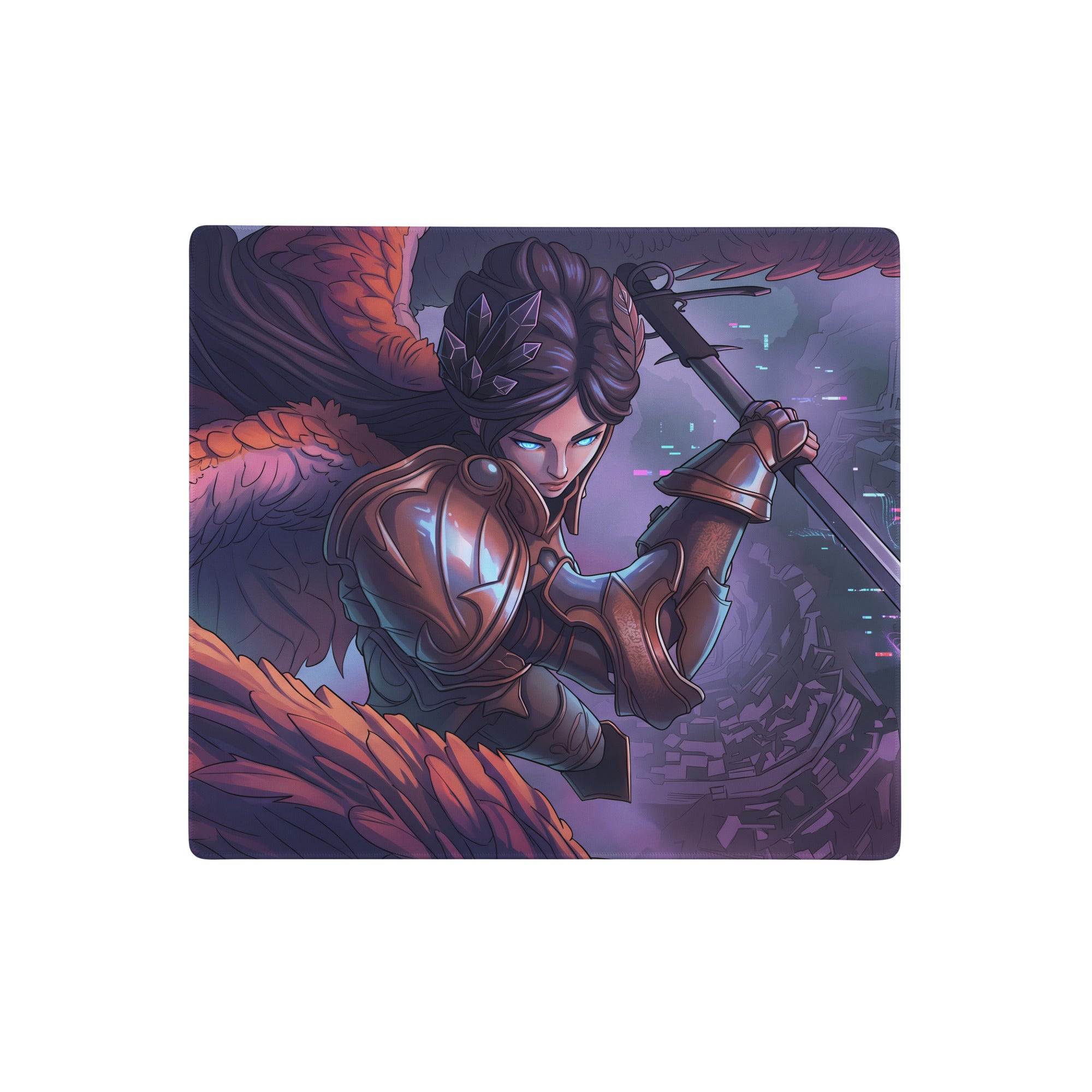 Rectangular vaporwave neon valkyrie gaming mouse pad with a fantasy warrior in bronze armor on purple pink blue neon background