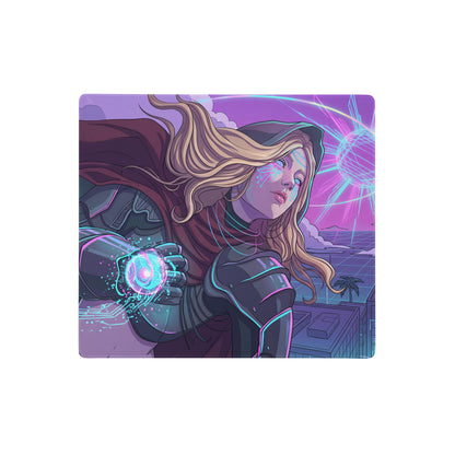 Neon vaporwave mouse pad featuring a neon pink and purple futuristic female character in armor holding a glowing orb
