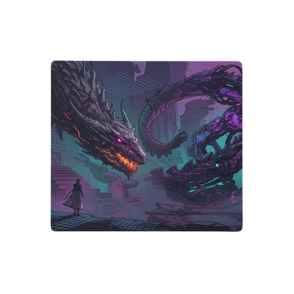 Rectangular neon dragon vaporwave mouse pad with fiery orange and purple dragons against a futuristic cityscape
