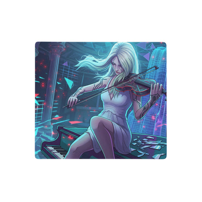 Neon-lit vaporwave digital art mousepad featuring a blonde woman in white dress playing violin on broken piano