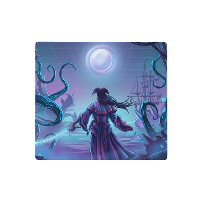 Purple and teal fantasy neon vaporwave night city gaming mouse pad with a warrior, tentacles, and glowing moon design