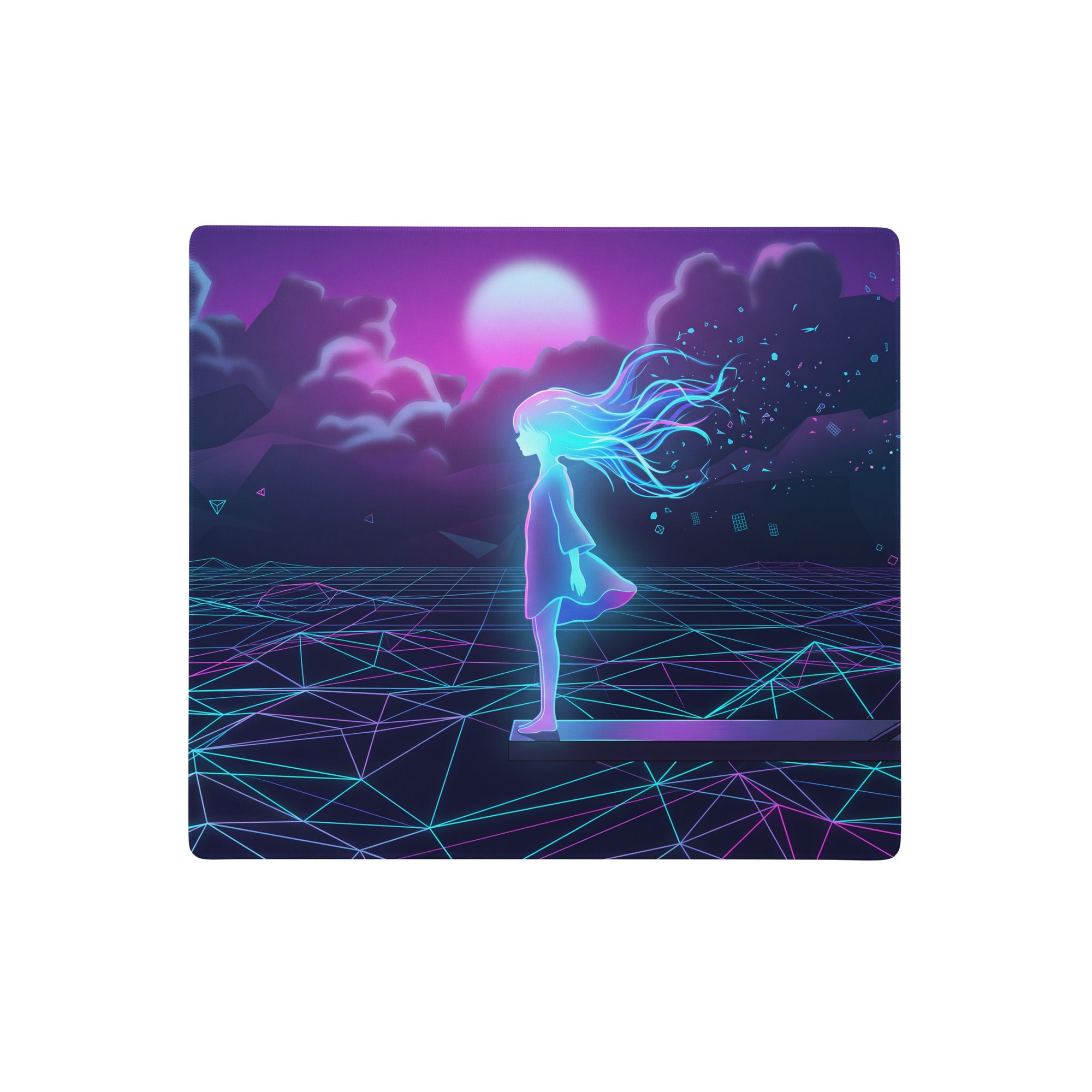 Vaporwave neon galaxy mouse pad featuring glowing anime girl in purple and cyan on a geometric grid under a moon