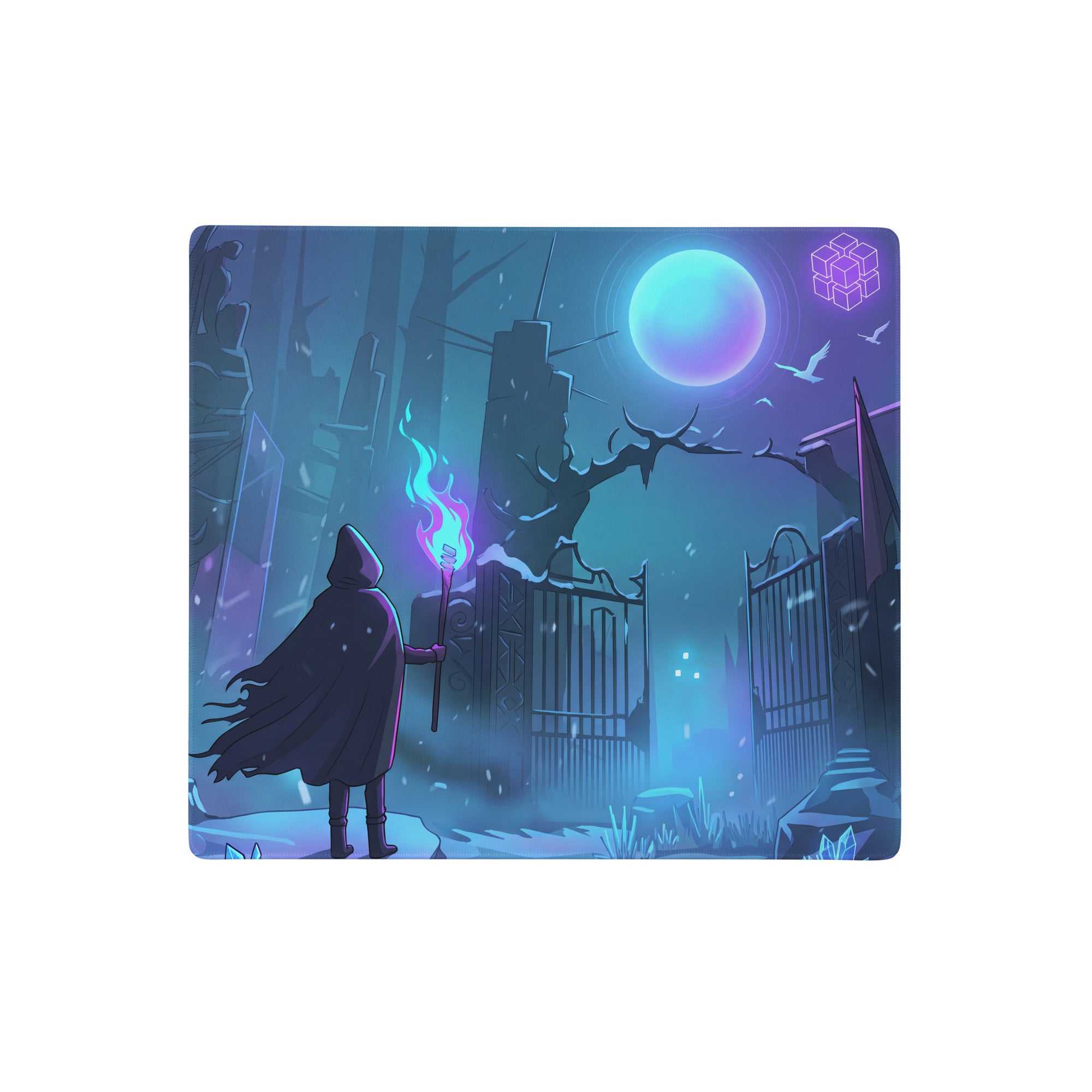 Neon night vaporwave arena mouse pad with hooded figure and glowing torch in purple and blue fantasy design