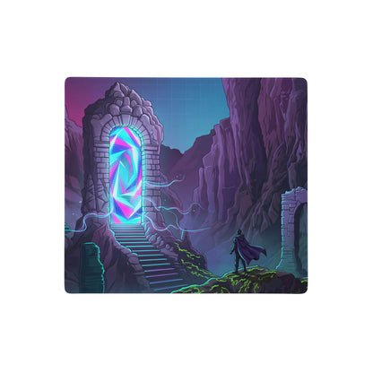 Rectangular vaporwave portal neon gaming mouse pad with vibrant purple pink blue stone archway illustration