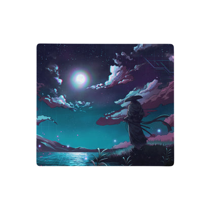 Rectangular neon night vaporwave mouse pad with digital art of a lone figure by water under teal and purple sky