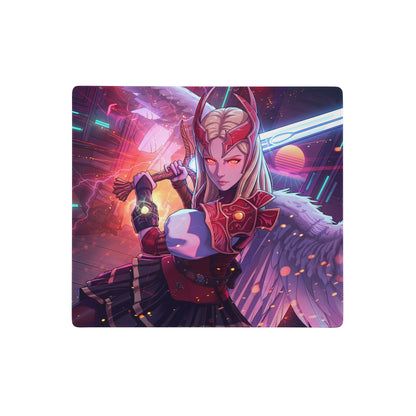 Vaporwave neon valkyrie rectangular gaming mousepad with vibrant armored warrior in red on cosmic purple background