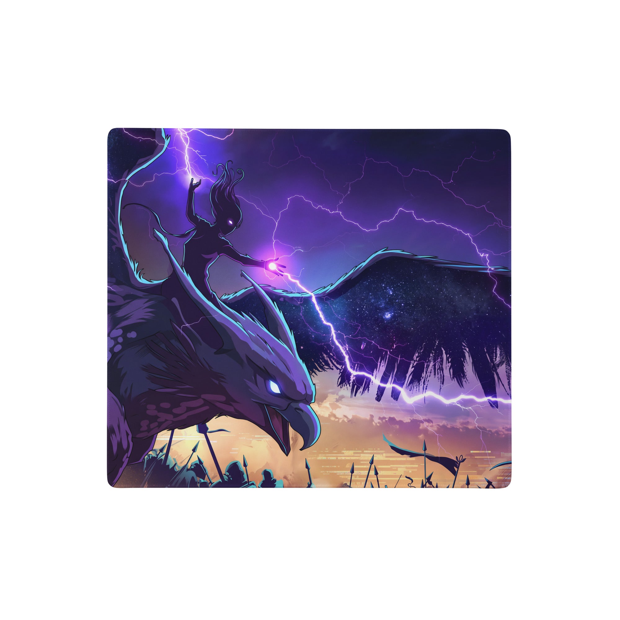 Purple and black vaporwave dragon neon mouse pad with winged creature and lightning fantasy scene for gaming desk