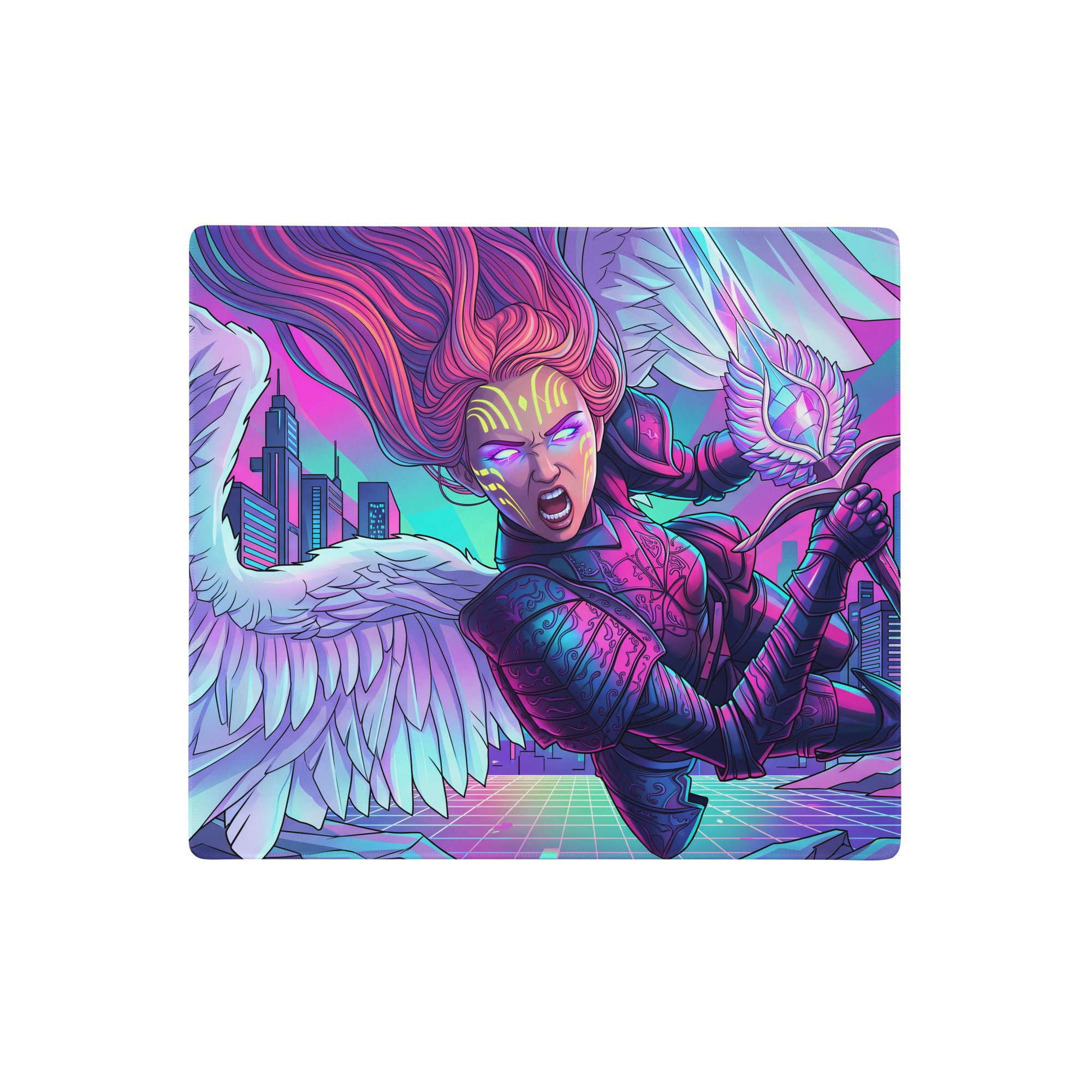 Vaporwave angel city gaming mousepad with neon pink purple cyan angel warrior and futuristic cityscape design