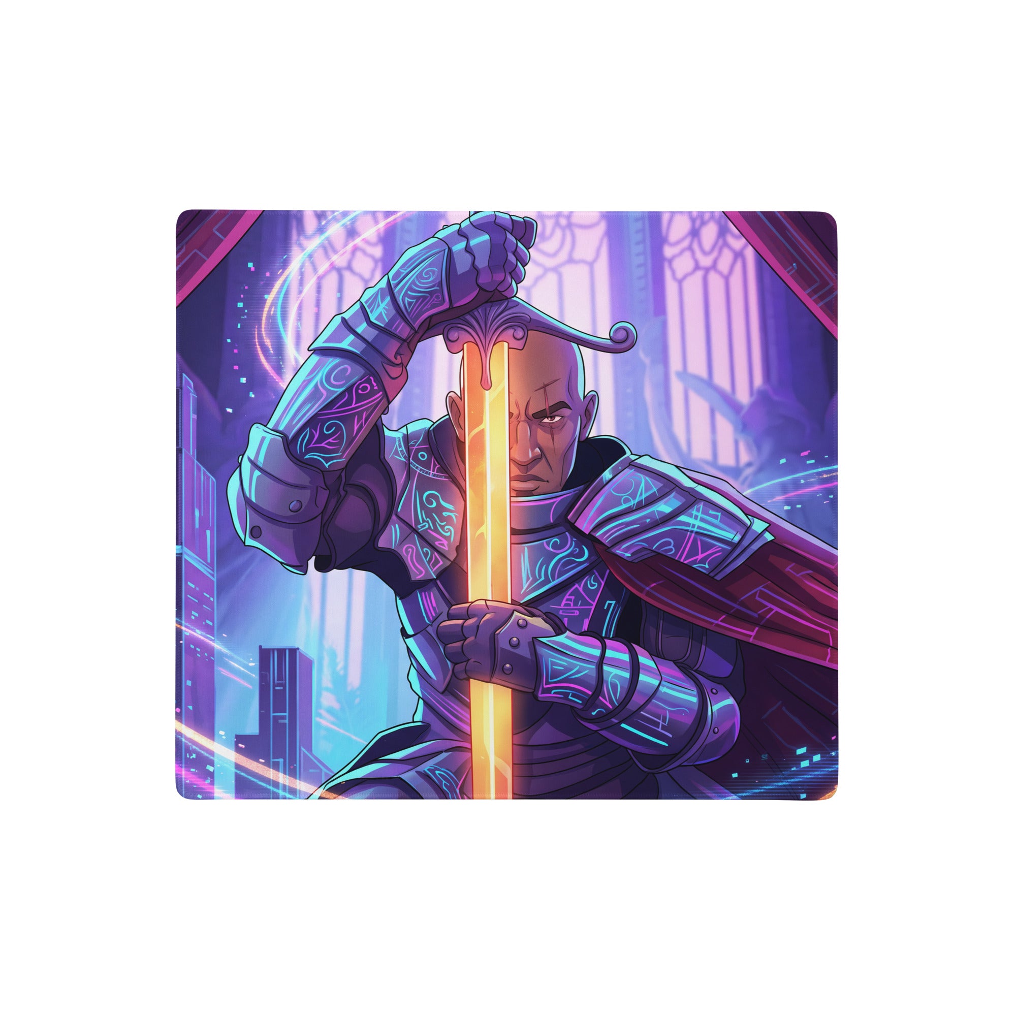 Neon vaporwave samurai mouse pad with nebula theme and stylized armored warrior holding glowing sword over futuristic cityscape