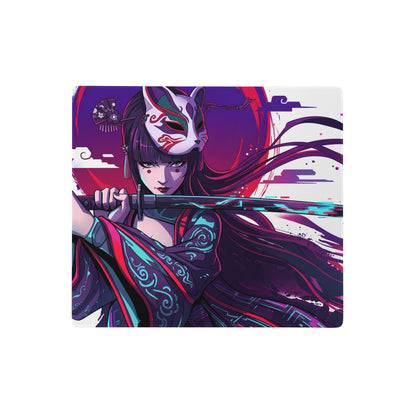 Vibrant anime-style rectangular vaporwave neon samurai mouse pad with purple pink hues and energetic digital glitch design