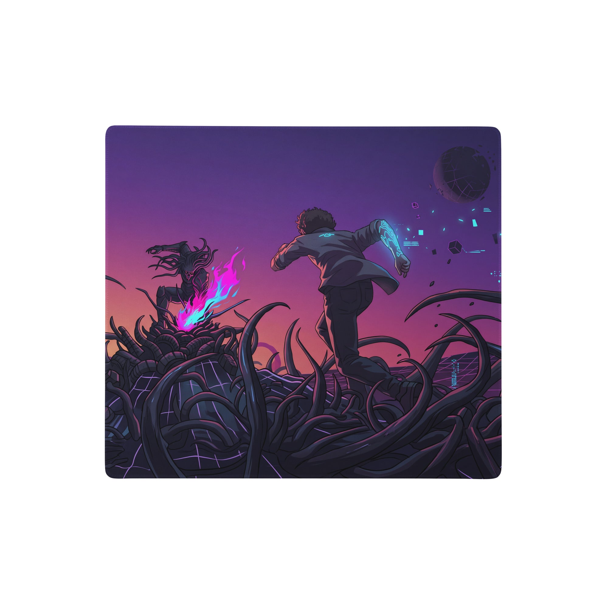 Neon vaporwave galaxy gaming mouse pad in purple and pink featuring an anime character and glowing tentacled monster design
