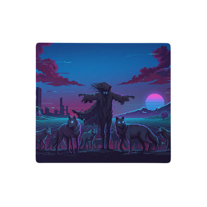 Vaporwave wolf neon mouse pad featuring a cyberpunk silhouette with glowing blue eyes and wolves under a pink purple sunset