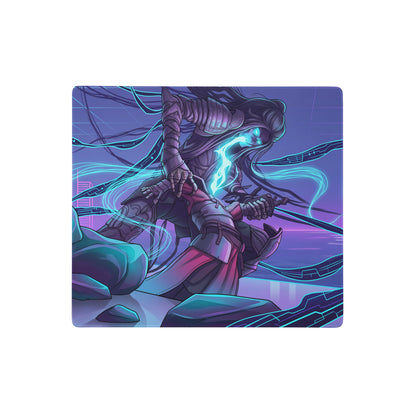 Neon vaporwave gaming mouse pad with purple and blue neon colors featuring a stylized dark armored warrior with cyan energy effects